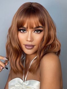 Brown  Collar  Synthetic Fiber  Bangs Wig Embellished   Wigs & Accs Fall Hair Colors Hazel Eyes, Tan With Copper Hair, Hairdos Medium Length Hair, Trendy Haircolors 2023, Copper Hair On Olive Skin, Copper Hair Tan Skin, Ashy Red Hair, Coper Hair Color