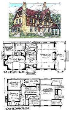 two story house plans with an open floor plan for the first and second floors,