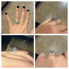 four different views of someone's engagement ring