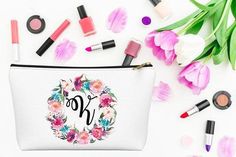 personalized makeup bag with flowers and lipstick