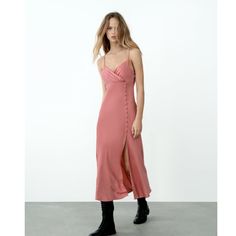 Zara Buttoned Slip Dress, Beige-Pink, Size L, Nwt Chic Pink V-neck Slip Dress, Chic Pink Slip Dress For Date Night, Feminine Pink Maxi Dress For Date Night, Chic Pink Maxi Dress For Date Night, Chic Pink Midi Dress For Date Night, Casual Pink Slip Dress For Day Out, Pink Sundress Maxi Dress For Date Night, Casual Pink Party Slip Dress, Spring Pink Maxi Dress For Date Night