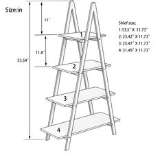 a wooden ladder shelf with measurements for the top and bottom shelves, including two levels