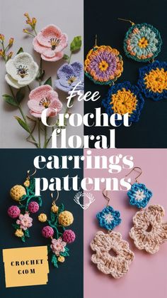 crochet floral earring patterns with text overlay that reads free crochet floral earring patterns