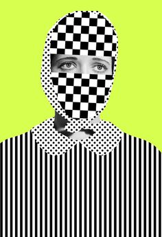 a woman's face is covered by black and white squares on a green background