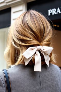 Bow Tie-Back Bob, Half Up Bob Hairstyle, simple hairstyle, easy hairstyle, quick and easy hairstyle Half Up Bob, Short To Medium Hair, Bow Trend, Hairstyle Simple, Hairstyle Easy, Simple Hairstyle, Front Braids, Twist Ponytail, Simple Ponytails