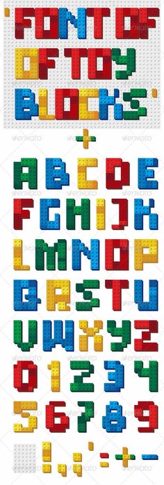 the alphabet and numbers made out of lego blocks