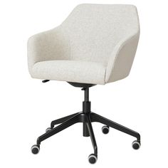 an office chair with wheels on the back and seat upholstered in white fabric