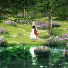 an anime scene with a woman walking in the grass next to water and purple flowers