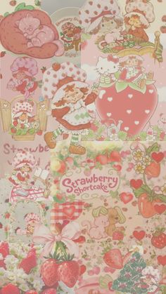 strawberry shortcakes are arranged on top of each other with hearts and flowers in the background