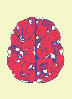 a red and blue drawing of a human brain