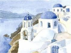 watercolor painting of white and blue buildings on the cliff