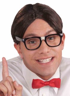 a man wearing glasses and a bow tie giving the thumbs up sign with his hand