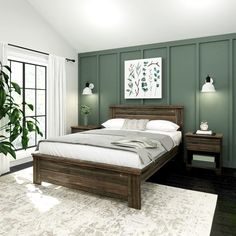 a bedroom with green walls and white carpeted flooring has a large bed in the center