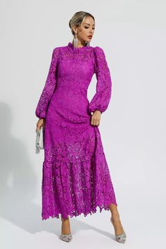 Julieta Purple Cut Out Long Sleeve Dress Lace Dress Designs Style, Purple Maxi, Purple Maxi Dress, Lingerie Tops, Sequin Maxi Dress, Intricate Embroidery, Hollow Design, Swimsuit Dress, Design Dress