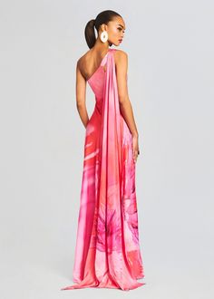 Abira One Shoulder Long Dress One Shoulder Chiffon Dress, One Shoulder Flowy Dress, Cabo Wedding Guest Attire, Tropical Bridesmaid Dress, Pink Wedding Guest Dress, One Shoulder Long Dress, Hula Dress, One Shoulder Dresses, Wedding Cabo