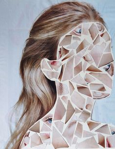 a woman's face is made up of pieces of paper that have been cut in half