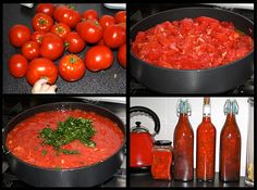 there are four pictures of tomatoes and sauces in the same pan, one is red