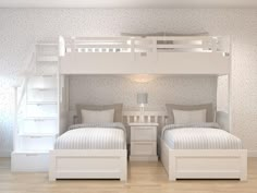 two white bunk beds sitting next to each other on top of a hard wood floor