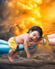 a baby is floating in the air with clouds behind it