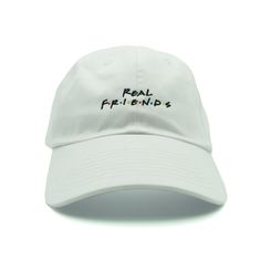 Real Friends Dad Hat - White Cheap White Fun Snapback Hat, Cheap Funny White Trucker Hat, Funny White Baseball Cap, Funny White Baseball Cap Trucker Hat, Customizable White Dad Hat, One Size, White Dad Hat, Cute Caps