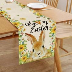 an easter bunny table runner on a dining room table