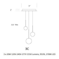 three lights hanging from the ceiling with measurements