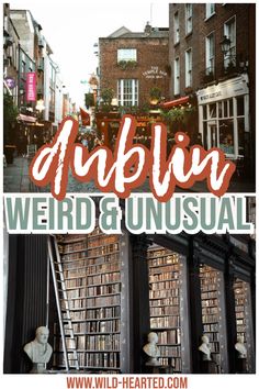 the words dublin weird and unusual are in front of an image of bookshelves