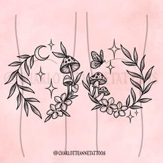 the word love is surrounded by flowers and leaves on a pink background with butterflies flying around it