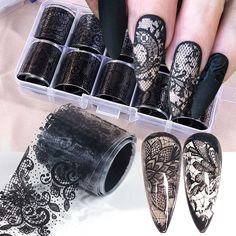 PRICES MAY VARY. Quantity: 10 Rolls black lace and laser nail foil transfer stickers come with 1 boxes with separate storage space, fashionable and shinning designs with Safe: Cute and beautiful nail foil decals are made of environmentally friendly materials, non-toxic, not limited to any nails, easy to remove with nail polish, you can use it safely Easy to use: Press the foils on your nails after applying colored polish, just a few seconds, you can get the fine nail art designs Occasions: The b Lace Wedding Nails, Lace Nail Design, Lace Nail Art, Foil Nail Art, Nail Foil, Lace Nails, Gothic Nails, Manicure Diy, Black Nail Designs