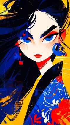 an abstract painting of a woman with blue eyes and red lips, wearing black hair