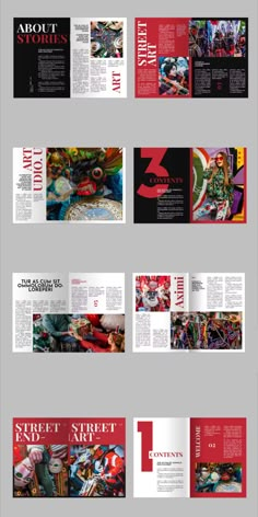 an image of a magazine spread with different colors and shapes on the pages, all in red