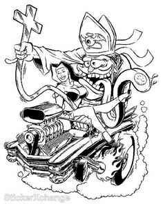 a cartoon character on a motorcycle with a cross in his hand and an evil looking face