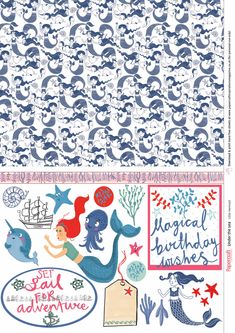 the paper house mermaid birthday stickers are blue and white, with different designs on them