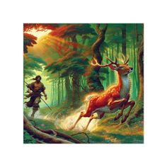 a painting of a deer running through the woods with a man on horseback behind it