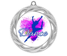 a necklace with the word dance on it and a dancer silhouette in purple, pink and blue