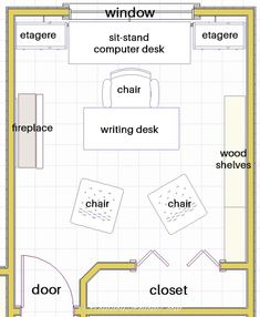 the floor plan for a bedroom with two separate rooms and an office area in it