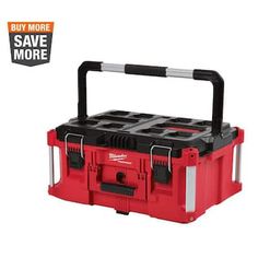 the milwaukee tool box is red with black handles and two tools in it's holder