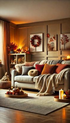 a living room filled with lots of furniture next to a window covered in fall decorations