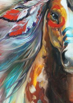 an abstract painting of a horse's head with feathers on it, against a white brick wall