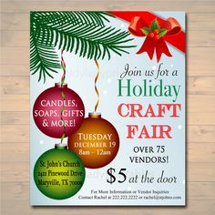 a holiday craft fair flyer with ornaments