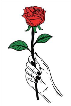 a hand holding a red rose with green leaves