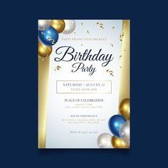 a birthday party flyer with balloons and confetti on the blue background for an event