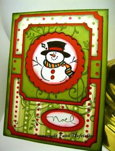 a christmas card with a snowman on it and a gold bell in the background