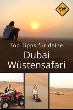 two people sitting on four wheelers in the desert at sunset, with an orange and yellow sign that says top tips fur dene dubai wustensafar