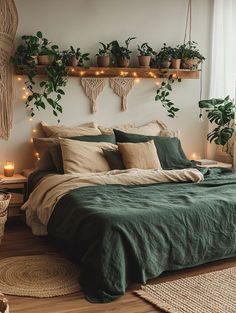 a bed in a bedroom with plants on the wall and lights hanging from the ceiling