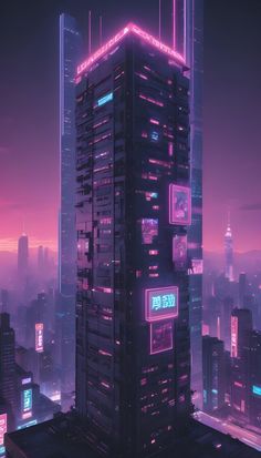 a tall building with neon lights on it's side in the middle of a city