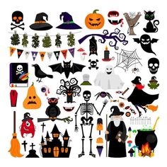 a collection of halloween themed items on a white background, including bats, pumpkins and ghostes