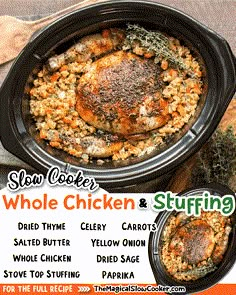 an advertisement for slow cooker whole chicken and stuffing