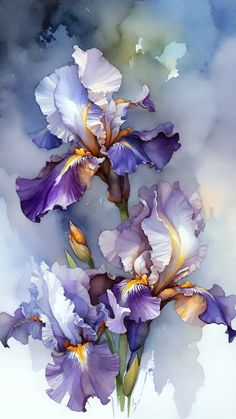 painting of purple and white flowers with watercolor effect on the backgrounnd