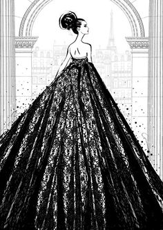 a black and white drawing of a woman in a ball gown with an arch behind her